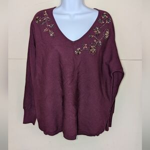 Chico's V Neck Sweater With Gemstone Floral Detail In Maroon Red
